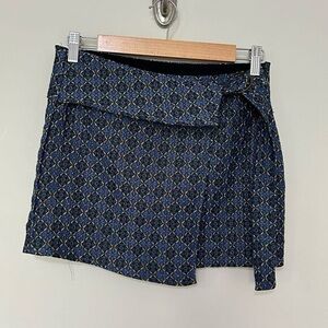 Free People All The Shine Mini Belted Blue Jacquard Wrap Overlay Skirt